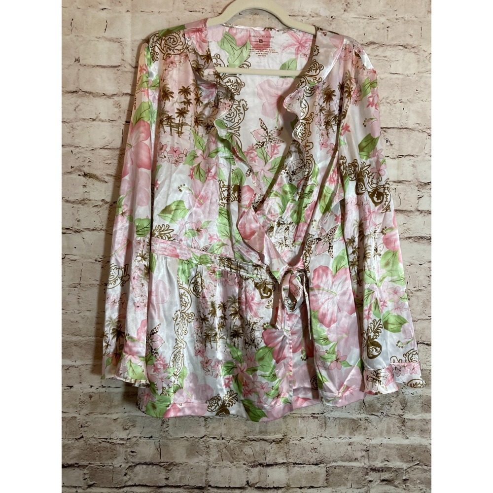 Bamboo Traders Wrap Top Womens XL Romantic Spring Florals Ruffle‎ V Neck Satin